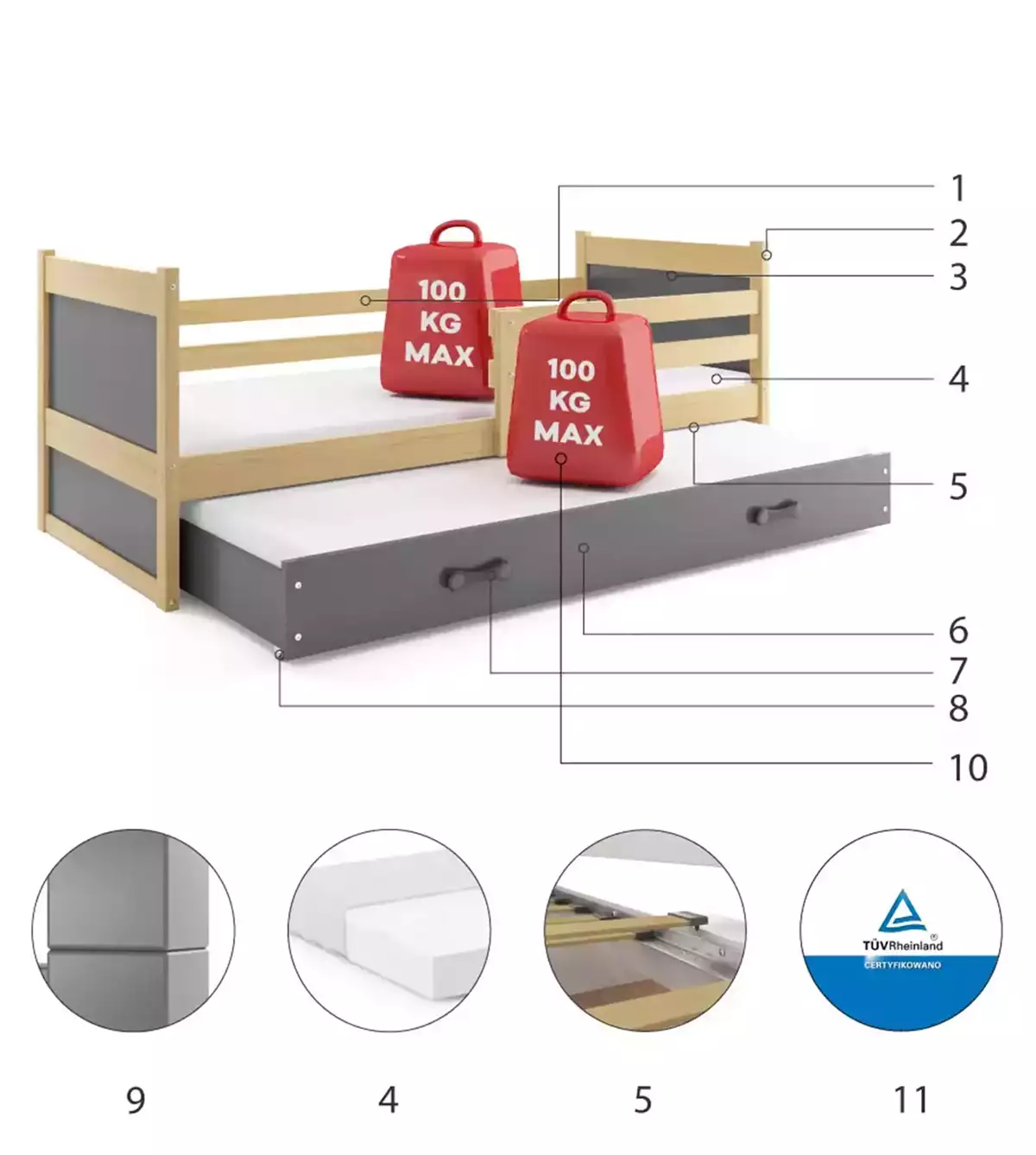 Componente pentru patul de tineret retractabil Rico 80x190 cu saltea și sertar, pin/grafit Componente pentru patul de tineret retractabil Rico 80x190 cu saltea și sertar, pin/grafit
