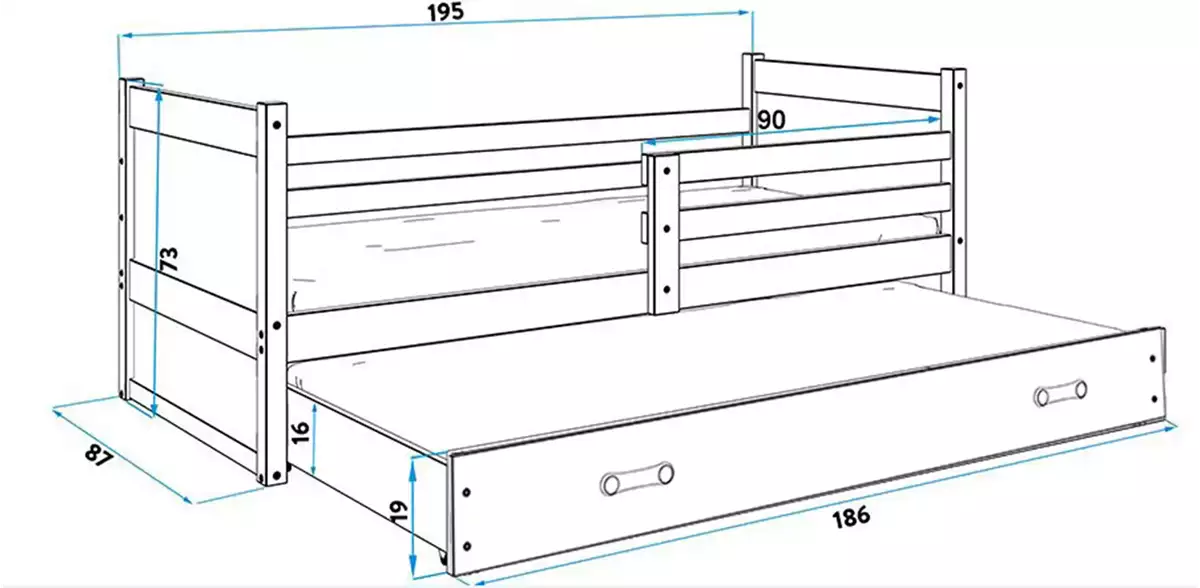 Dimensiuni și specificații pentru patul de tineret retractabil Rico 80x190 cu sertar, pin/albastru Dimensiuni și specificații pentru patul de tineret retractabil Rico 80x190 cu sertar, pin/albastru