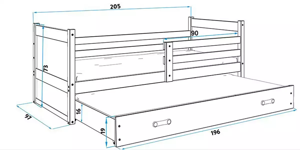 Dimensiuni și specificații pentru paturile de tineret retractabile Rico 90x200 cu sertar, alb/albastru Dimensiuni și specificații pentru paturile de tineret retractabile Rico 90x200 cu sertar, alb/albastru