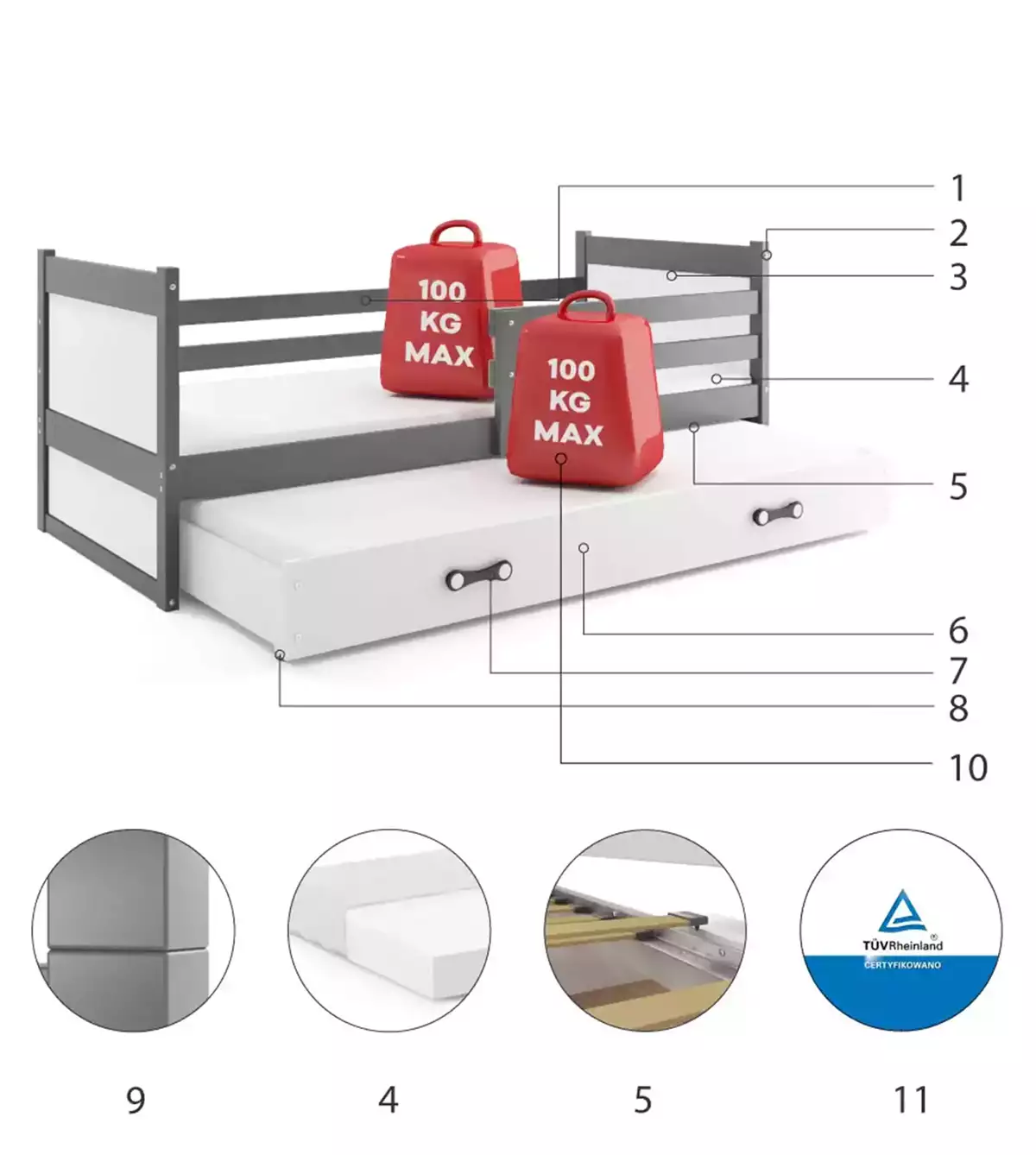 Componente pentru patul de tineret retractabil Rico 90x200 cu sertar, grafit/alb Componente pentru patul de tineret retractabil Rico 90x200 cu sertar, grafit/alb