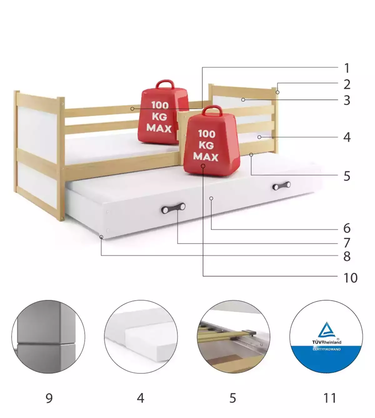 Componente pentru patul de tineret retractabil Rico 90x200 cu sertar, pin/alb Componente pentru patul de tineret retractabil Rico 90x200 cu sertar, pin/alb