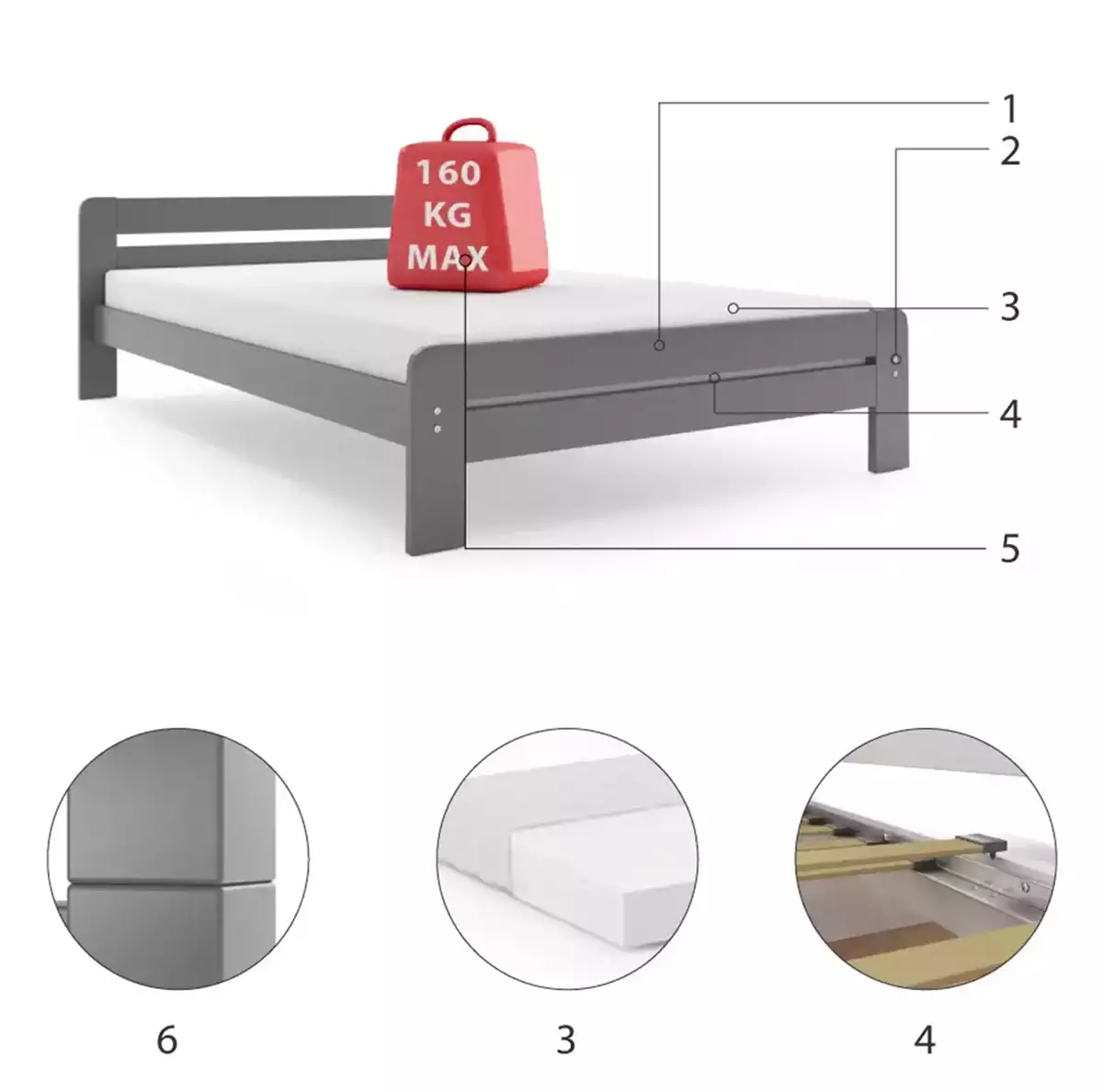 Componente pentru patul dormitorului Dallas 120x200 cu saltea, grafit Componente pentru patul dormitorului Dallas 120x200 cu saltea, grafit