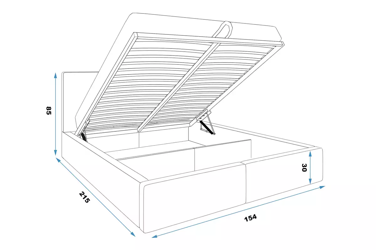 Dimensiuni și specificații pentru patul dormitorului Hilton 140x200 cu saltea și recipient, albastru