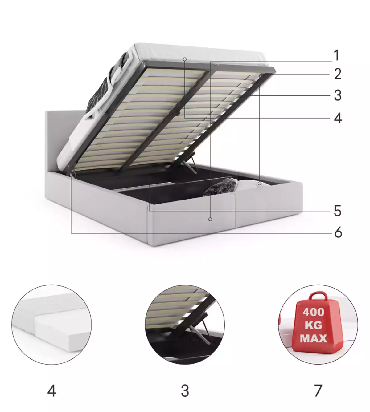 Componente pentru patul dormitorului Hilton 160x200 cu saltea și recipient, gri Componente pentru patul dormitorului Hilton 160x200 cu saltea și recipient, gri