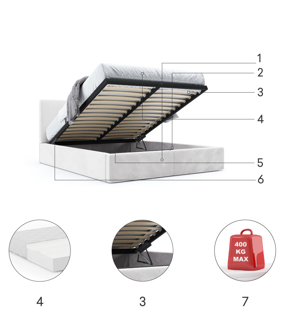Componente pentru patul dormitorului Hilton 160x200 cu saltea și recipient, alb