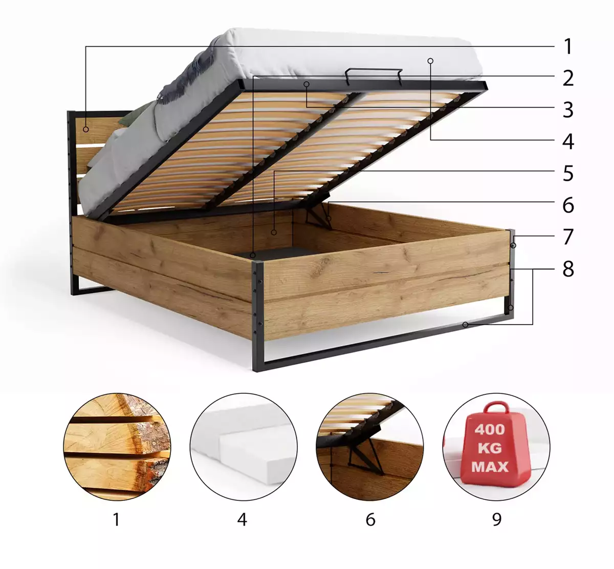 Componente pentru paturi pentru dormitor 160x200 cu saltea și container, lemn de stejar Componente pentru paturi pentru dormitor 160x200 cu saltea și container, lemn de stejar