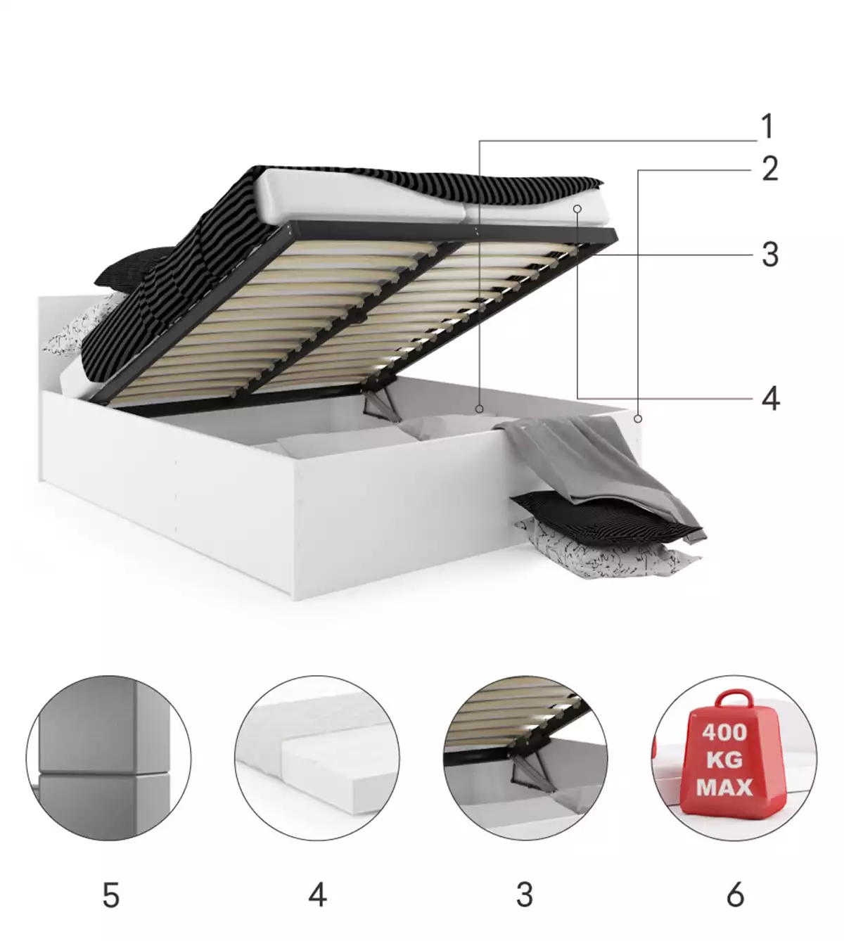 Componente pentru patul patului de pat 160x200 cu un recipient, alb Componente pentru patul patului de pat 160x200 cu un recipient, alb