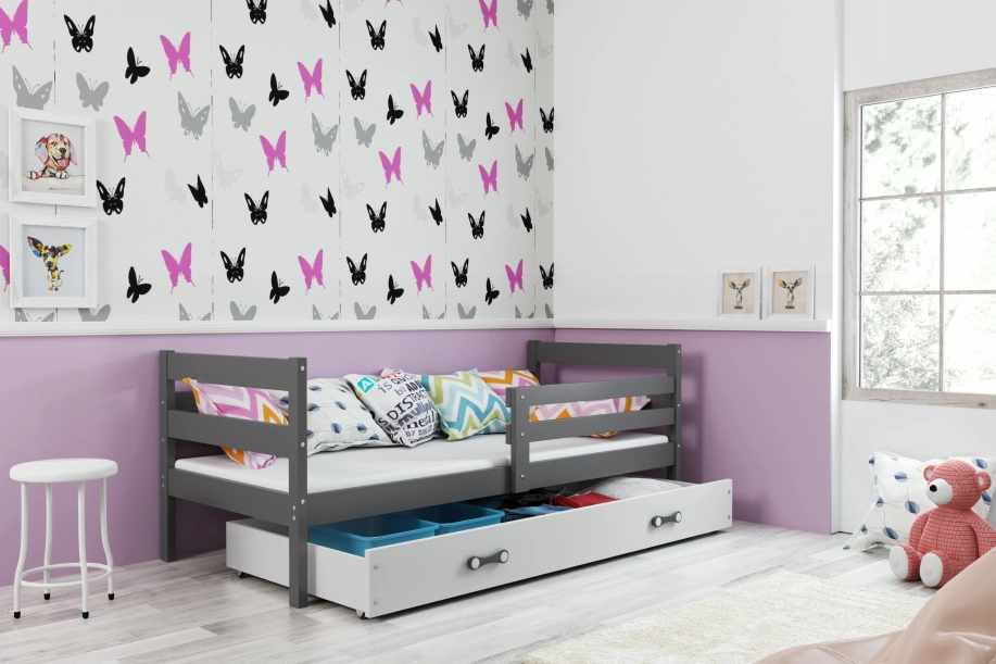 ERYK 80X190 pat single pentru tineri cu saltea și sertar, grafit/alb