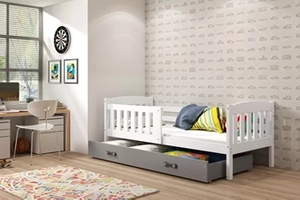 Pat single pentru copii KUBUŚ 80X160 cu saltea și sertar, alb/grafit