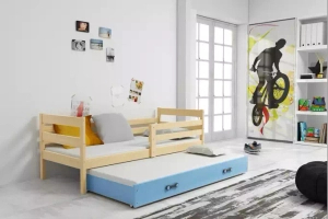 Éric 90x190 pat trundle pentru adolescenți cu saltea și sertar, pin/albastru
