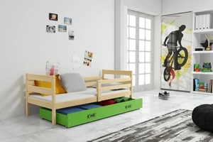 Pat ERYK 80X190 pentru tineri, cu saltea și sertar, pin/verde