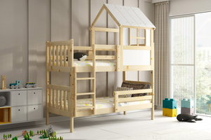 Pat bunkhouse cu baldachin - Kacper din lemn natural 90x190 cu saltea