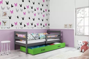 Éric pat single pentru adolescenți 90x190 cu saltea și sertar, gri/verde