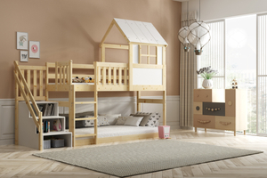 Pat supraetajat tip căsuță cu scări și acoperiș – mezanin din lemn natural 90x200