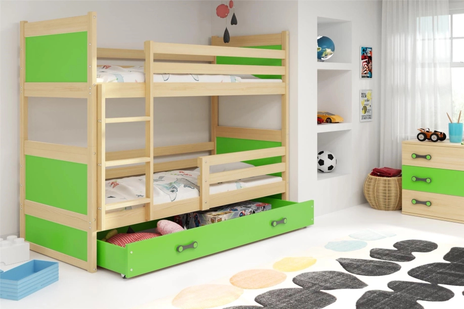 Pat supraetajat Rico 90x190 cu saltea și sertar, pin/verde