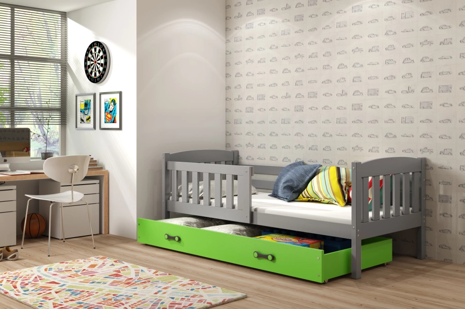 KUBUŚ 90X200 pat de tineret single cu saltea și sertar, grafit/verde