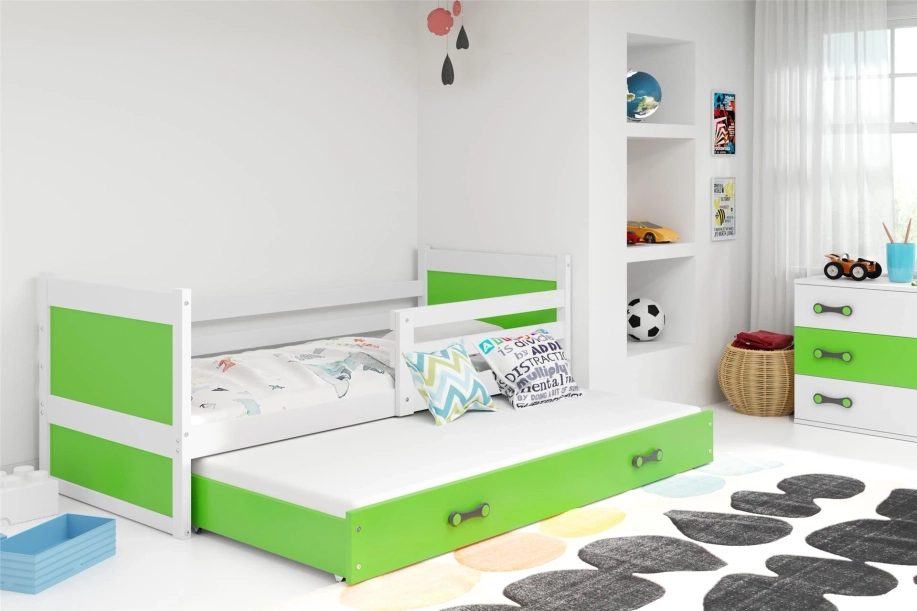 Rico teen pat trundle 90x190 cu saltea și sertar, alb/verde