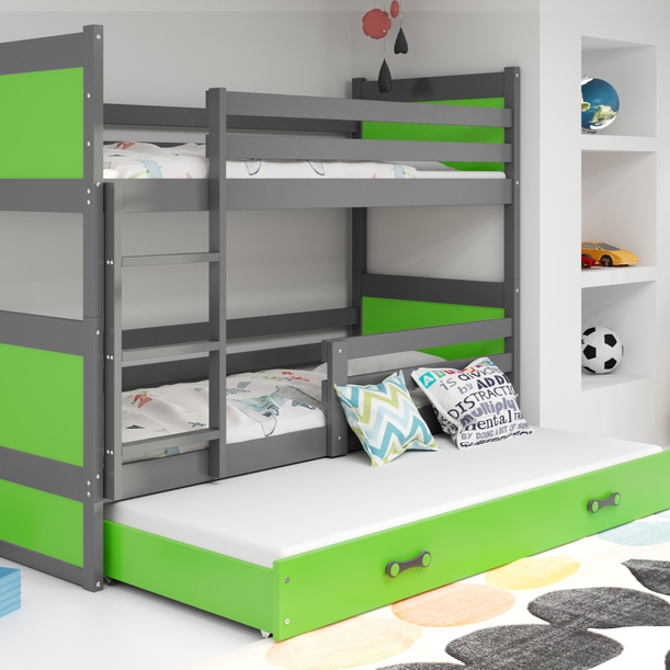 Pat de tineret cu trei paturi RICO 90X200 cu sertar, grafit/verde