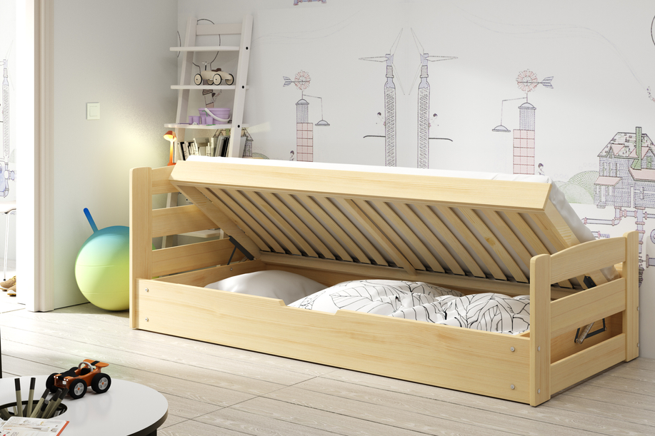 ERNI 90X200 pat single pentru tineri cu cutie de depozitare, pin