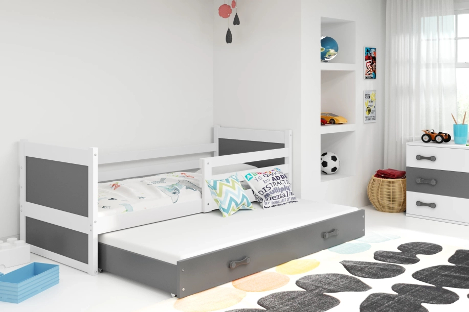 RICO 90X200 pat extensibil pentru tineri cu saltea și sertar, alb/grafit