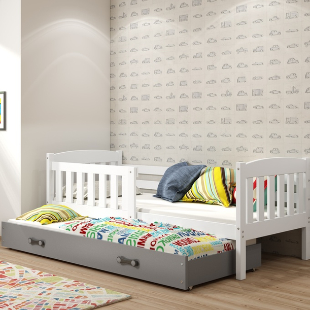 Jacquot 90x190 pat trundle adolescent cu saltea și sertar, alb/gri