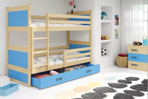 Pat supraetajat Rico 90x190 cu saltea și sertar, pin/albastru