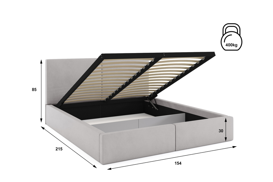 Pat tapițat pentru dormitor HILTON 140X200 cu cutie de depozitare, gri cenușă