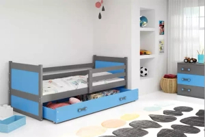 Rico pat single pentru adolescenți 90x190 cu saltea și sertar, gri/albastru