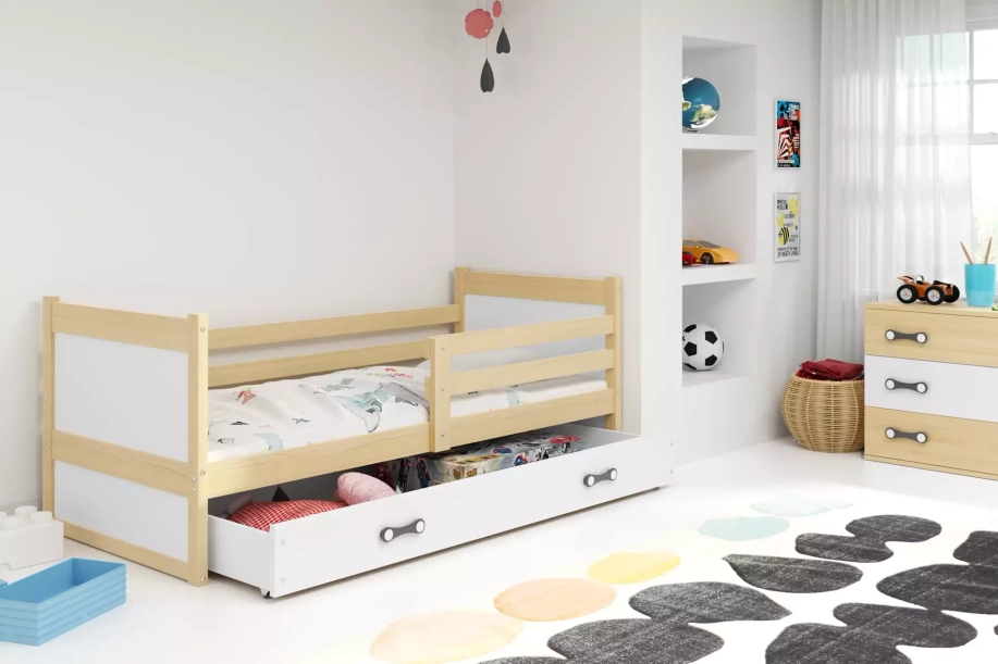 Rico pat single pentru adolescenți 90x190 cu saltea și sertar, pin/alb