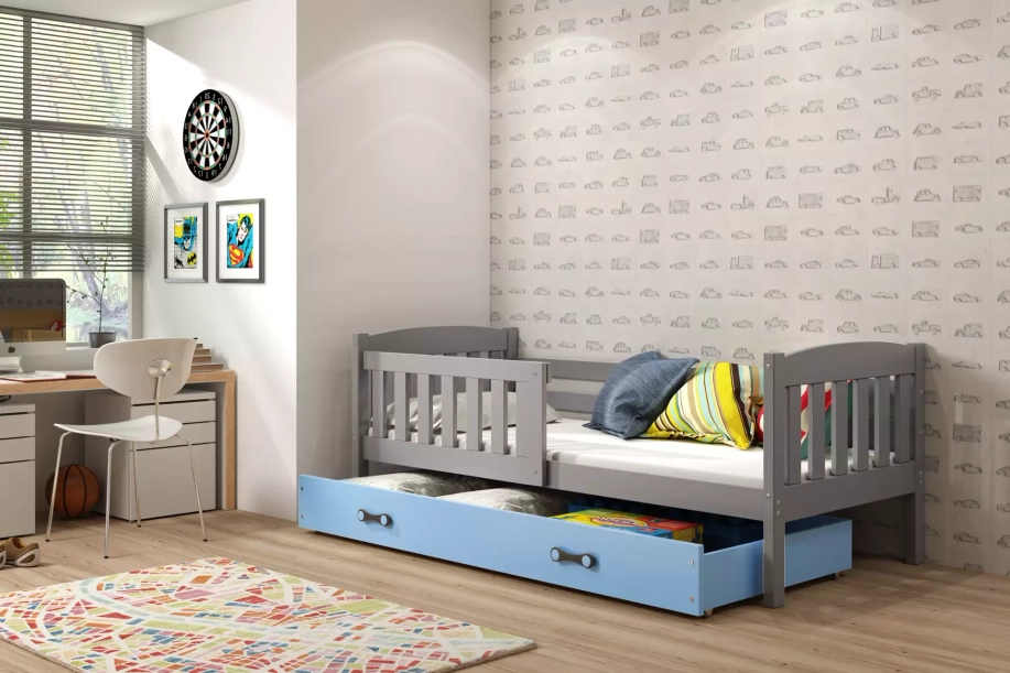 Jacquot 90x190 pat adolescent single cu sertar, gri/albastru