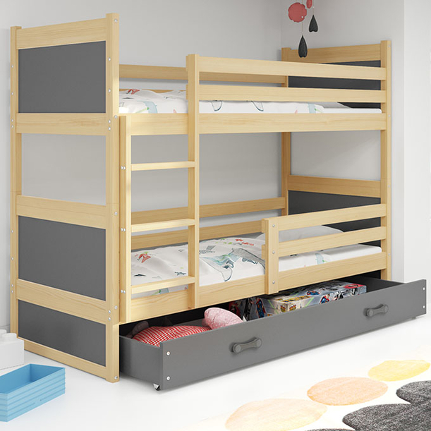 Pat supraetajat pentru tineri RICO 90X200 cu sertar, pin/grafit