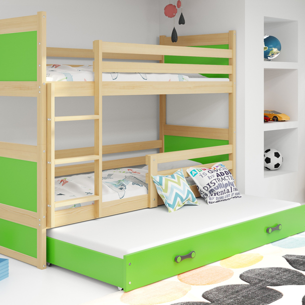 Pat junior pentru trei persoane RICO 90X200 cu sertar, pin/verde