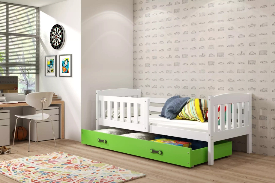 KUBUŚ 80X160 pat simplu pentru copii cu saltea și sertar, alb/verde