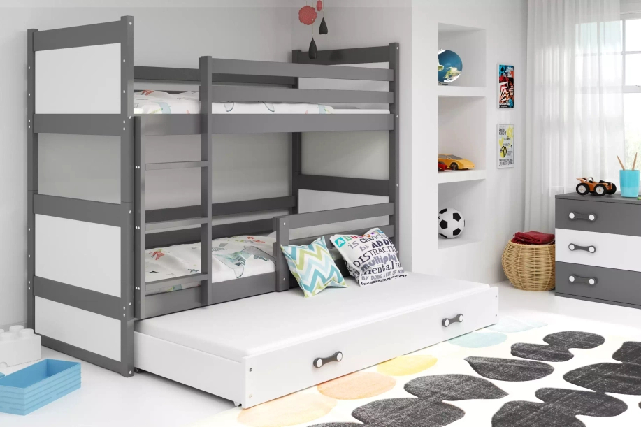 Pat de tineret cu trei paturi RICO 90X200 cu sertar, grafit/alb