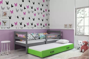 Éric 90x190 pat extensibil pentru adolescenți cu saltea și sertar, gri/verde