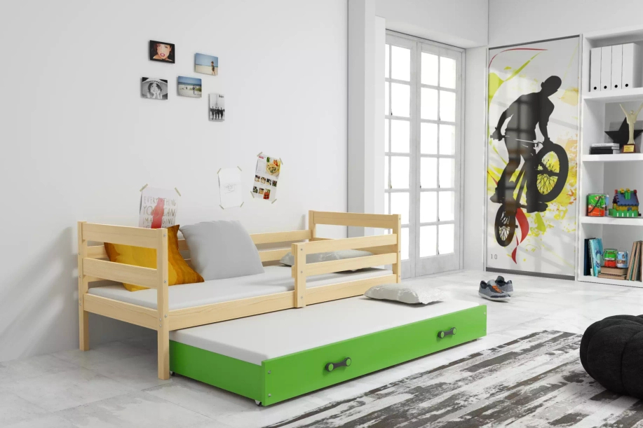 Pat extensibil pentru tineri ERYK 90X200 cu sertar, pin/verde