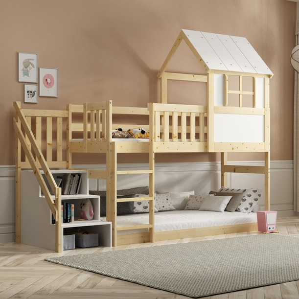 Pat supraetajat tip căsuță cu scări și acoperiș – mezanin din lemn natural 90x200
