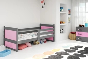 Pat single pentru tineri RICO 90X200 cu saltea, grafit/roz