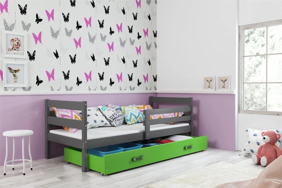 Éric pat single pentru adolescenți 90x190 cu saltea și sertar, gri/verde
