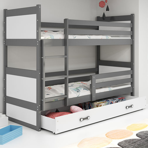 Pat supraetajat pentru tineri RICO 90X200 cu saltea și sertar, grafit/alb