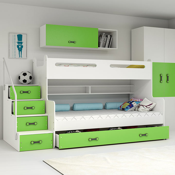 Pat supraetajat pentru tineret MAX 3 120X200 cu sertar, verde