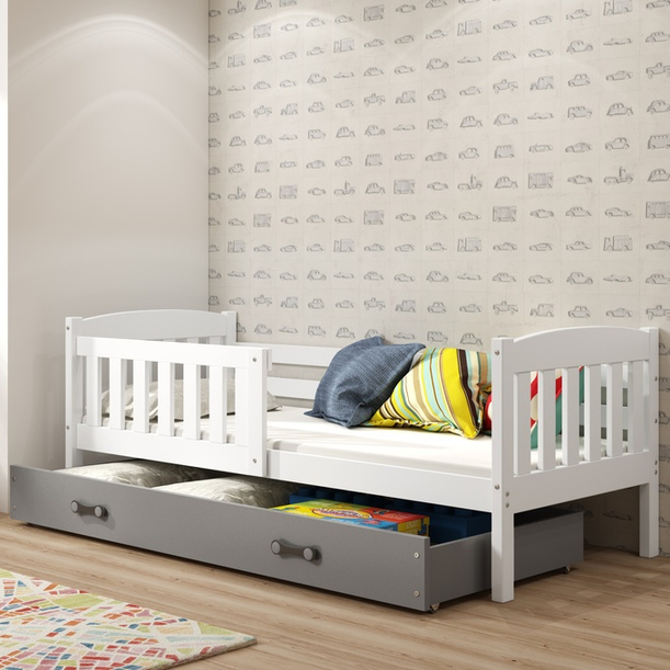 Pat single pentru copii KUBUŚ 80X160 cu saltea și sertar, alb/grafit