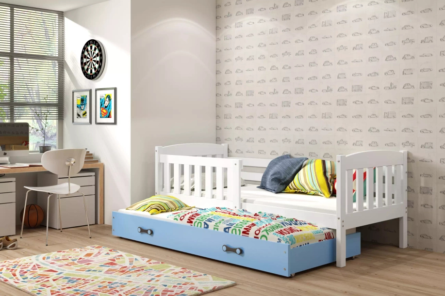 KUBUŚ 90X200 pat extensibil pentru tineri cu saltea și sertar, alb/albastru
