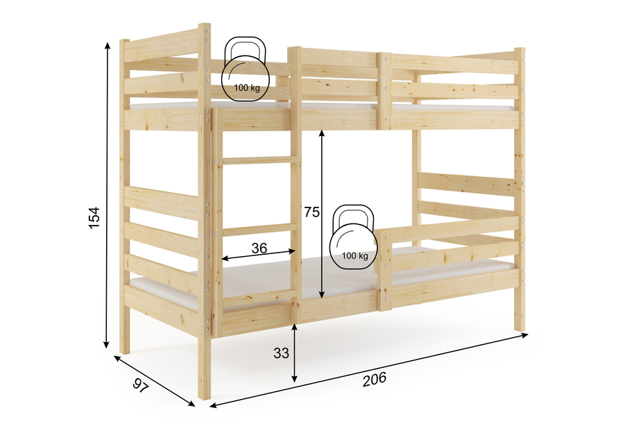 Pat supraetajat pentru tineri ERYK 90X200, lemn natural