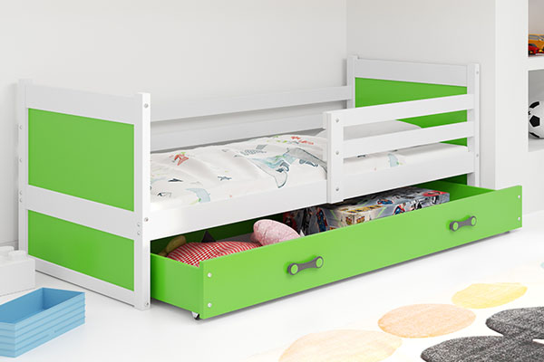 Pat single junior RICO 90X200 cu saltea și sertar, alb/verde