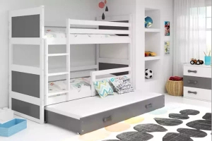 PAT SUPRAETAJAT PENTRU ADOLESCENȚI CU 3 LOCURI RICO CADRU ALB PANOURI GRI SERTAR GRI FĂRĂ SALTEA 90 X 190