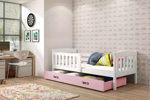 Jacquot 90x190 pat single pentru adolescenți cu saltea și sertar, alb/roz