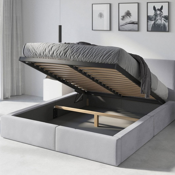 Pat tapițat pentru dormitor HILTON 120X200 cu saltea și cutie de depozitare, gri cenușă