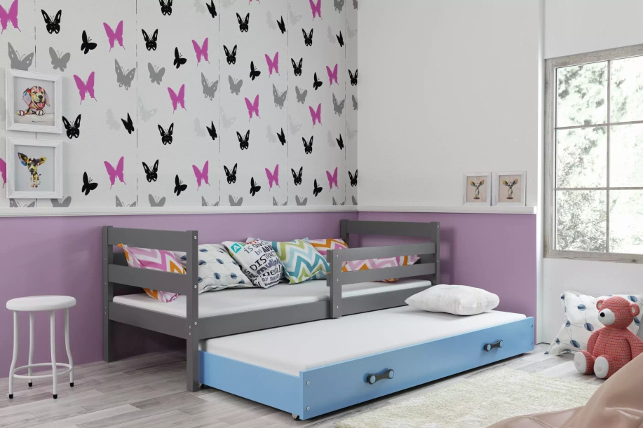 ERYK 80X190 pat extensibil pentru tineri cu saltea și sertar, grafit/albastru