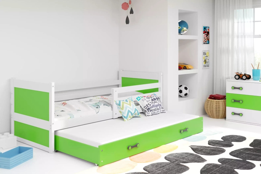 RICO 90X200 pat extensibil pentru tineri cu sertar, alb/verde